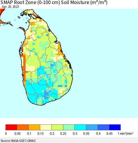 Sri Lanka SMAP Root Zone (0-100 cm) Soil Moisture (m³/m³) Thematic Map For 4/16/2023 - 4/20/2023