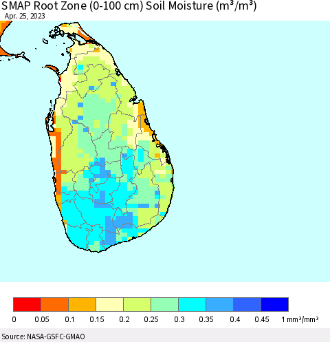 Sri Lanka SMAP Root Zone (0-100 cm) Soil Moisture (m³/m³) Thematic Map For 4/21/2023 - 4/25/2023