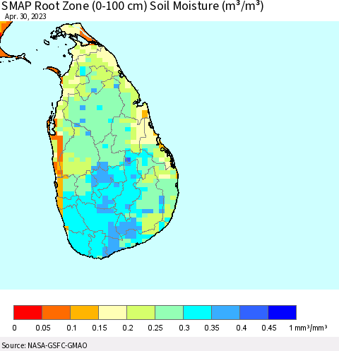 Sri Lanka SMAP Root Zone (0-100 cm) Soil Moisture (m³/m³) Thematic Map For 4/26/2023 - 4/30/2023