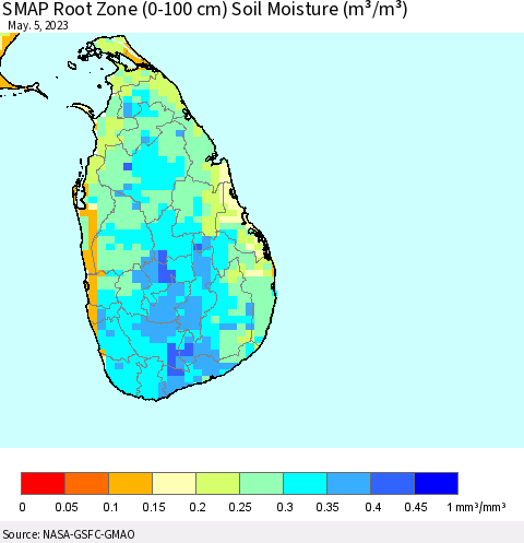 Sri Lanka SMAP Root Zone (0-100 cm) Soil Moisture (m³/m³) Thematic Map For 5/1/2023 - 5/5/2023