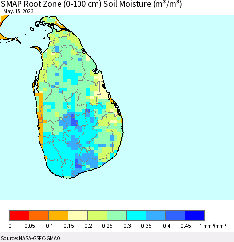 Sri Lanka SMAP Root Zone (0-100 cm) Soil Moisture (m³/m³) Thematic Map For 5/11/2023 - 5/15/2023