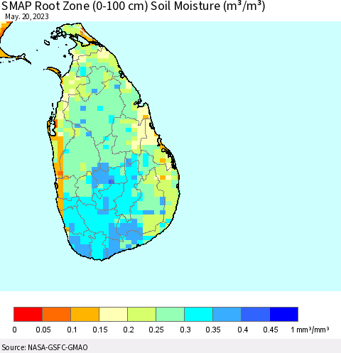 Sri Lanka SMAP Root Zone (0-100 cm) Soil Moisture (m³/m³) Thematic Map For 5/16/2023 - 5/20/2023