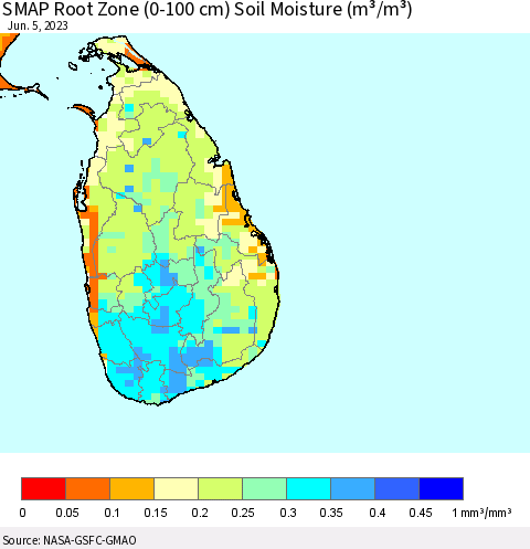 Sri Lanka SMAP Root Zone (0-100 cm) Soil Moisture (m³/m³) Thematic Map For 6/1/2023 - 6/5/2023