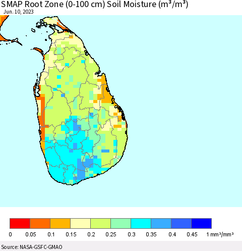 Sri Lanka SMAP Root Zone (0-100 cm) Soil Moisture (m³/m³) Thematic Map For 6/6/2023 - 6/10/2023