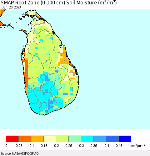 Sri Lanka SMAP Root Zone (0-100 cm) Soil Moisture (m³/m³) Thematic Map For 6/16/2023 - 6/20/2023