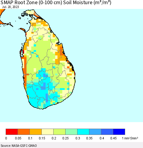 Sri Lanka SMAP Root Zone (0-100 cm) Soil Moisture (m³/m³) Thematic Map For 7/16/2023 - 7/20/2023