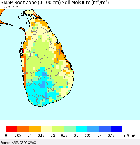 Sri Lanka SMAP Root Zone (0-100 cm) Soil Moisture (m³/m³) Thematic Map For 7/21/2023 - 7/25/2023