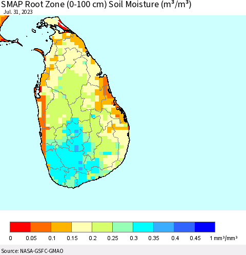 Sri Lanka SMAP Root Zone (0-100 cm) Soil Moisture (m³/m³) Thematic Map For 7/26/2023 - 7/31/2023