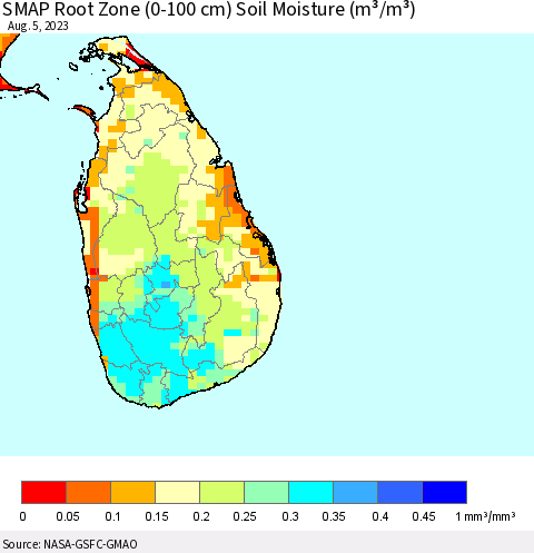 Sri Lanka SMAP Root Zone (0-100 cm) Soil Moisture (m³/m³) Thematic Map For 8/1/2023 - 8/5/2023