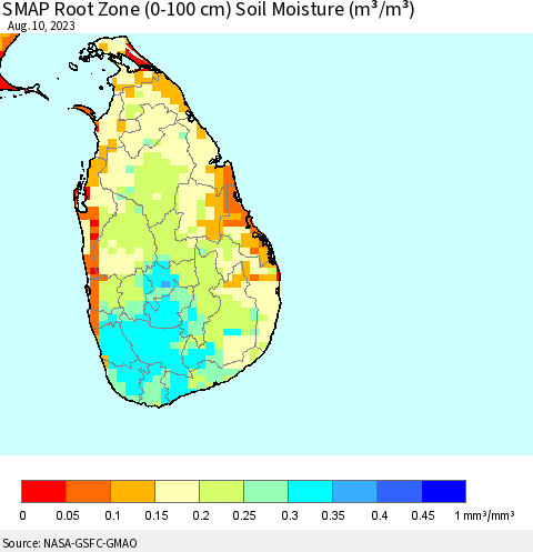 Sri Lanka SMAP Root Zone (0-100 cm) Soil Moisture (m³/m³) Thematic Map For 8/6/2023 - 8/10/2023