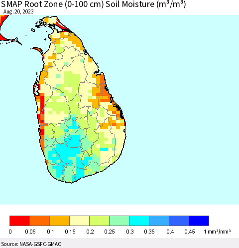 Sri Lanka SMAP Root Zone (0-100 cm) Soil Moisture (m³/m³) Thematic Map For 8/16/2023 - 8/20/2023