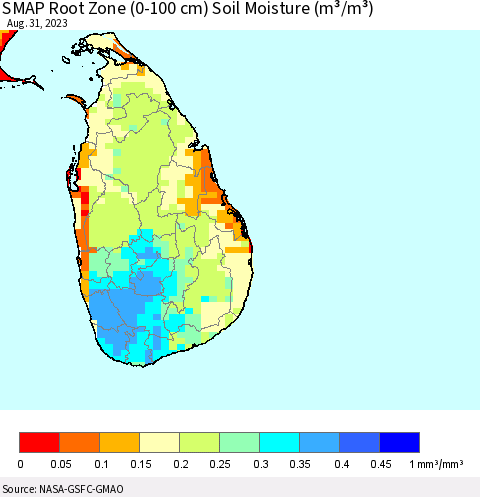 Sri Lanka SMAP Root Zone (0-100 cm) Soil Moisture (m³/m³) Thematic Map For 8/26/2023 - 8/31/2023