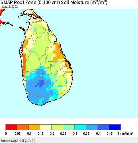 Sri Lanka SMAP Root Zone (0-100 cm) Soil Moisture (m³/m³) Thematic Map For 9/1/2023 - 9/5/2023