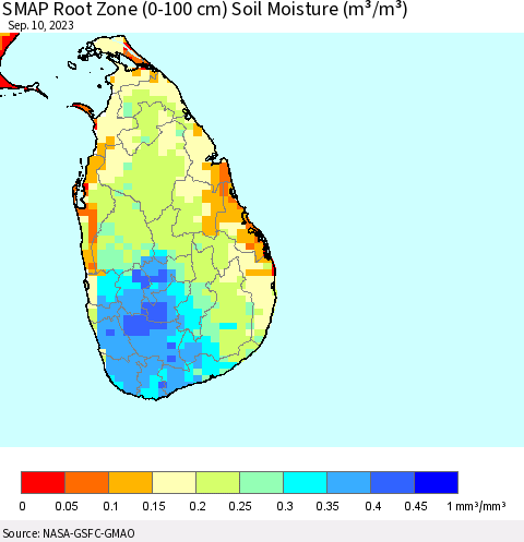 Sri Lanka SMAP Root Zone (0-100 cm) Soil Moisture (m³/m³) Thematic Map For 9/6/2023 - 9/10/2023