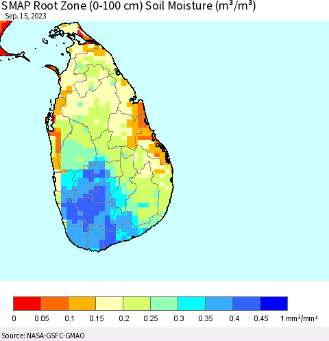 Sri Lanka SMAP Root Zone (0-100 cm) Soil Moisture (m³/m³) Thematic Map For 9/11/2023 - 9/15/2023