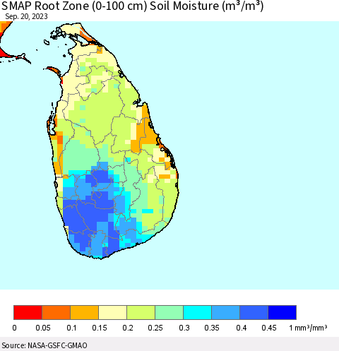 Sri Lanka SMAP Root Zone (0-100 cm) Soil Moisture (m³/m³) Thematic Map For 9/16/2023 - 9/20/2023