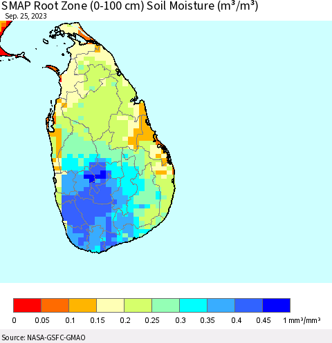 Sri Lanka SMAP Root Zone (0-100 cm) Soil Moisture (m³/m³) Thematic Map For 9/21/2023 - 9/25/2023