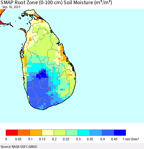 Sri Lanka SMAP Root Zone (0-100 cm) Soil Moisture (m³/m³) Thematic Map For 9/26/2023 - 9/30/2023