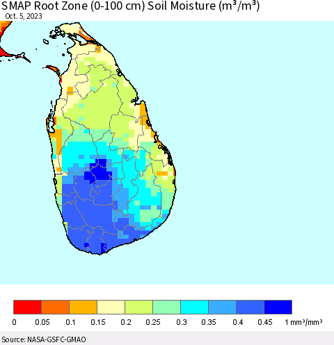 Sri Lanka SMAP Root Zone (0-100 cm) Soil Moisture (m³/m³) Thematic Map For 10/1/2023 - 10/5/2023