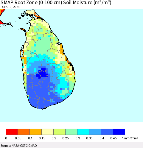 Sri Lanka SMAP Root Zone (0-100 cm) Soil Moisture (m³/m³) Thematic Map For 10/6/2023 - 10/10/2023