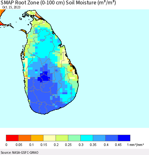 Sri Lanka SMAP Root Zone (0-100 cm) Soil Moisture (m³/m³) Thematic Map For 10/11/2023 - 10/15/2023