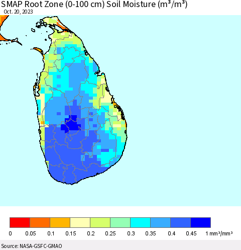 Sri Lanka SMAP Root Zone (0-100 cm) Soil Moisture (m³/m³) Thematic Map For 10/16/2023 - 10/20/2023