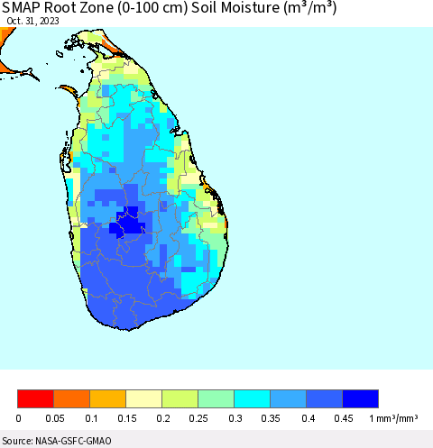Sri Lanka SMAP Root Zone (0-100 cm) Soil Moisture (m³/m³) Thematic Map For 10/26/2023 - 10/31/2023