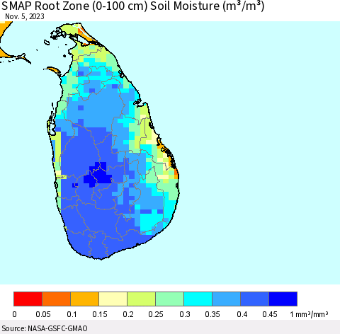 Sri Lanka SMAP Root Zone (0-100 cm) Soil Moisture (m³/m³) Thematic Map For 11/1/2023 - 11/5/2023