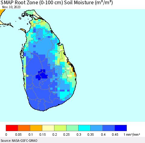 Sri Lanka SMAP Root Zone (0-100 cm) Soil Moisture (m³/m³) Thematic Map For 11/6/2023 - 11/10/2023