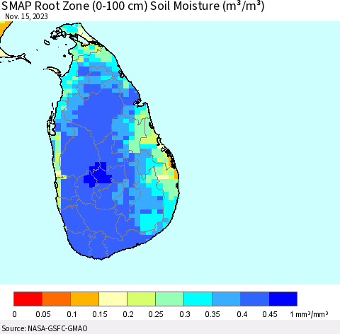 Sri Lanka SMAP Root Zone (0-100 cm) Soil Moisture (m³/m³) Thematic Map For 11/11/2023 - 11/15/2023