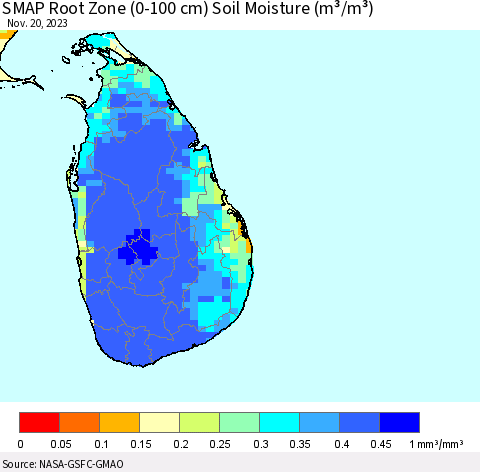 Sri Lanka SMAP Root Zone (0-100 cm) Soil Moisture (m³/m³) Thematic Map For 11/16/2023 - 11/20/2023