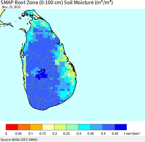Sri Lanka SMAP Root Zone (0-100 cm) Soil Moisture (m³/m³) Thematic Map For 11/21/2023 - 11/25/2023