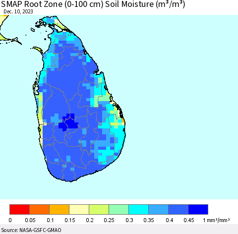 Sri Lanka SMAP Root Zone (0-100 cm) Soil Moisture (m³/m³) Thematic Map For 12/6/2023 - 12/10/2023