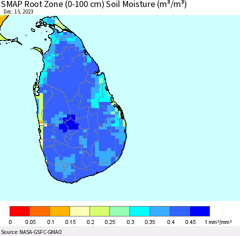 Sri Lanka SMAP Root Zone (0-100 cm) Soil Moisture (m³/m³) Thematic Map For 12/11/2023 - 12/15/2023