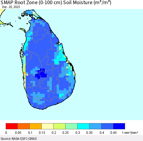 Sri Lanka SMAP Root Zone (0-100 cm) Soil Moisture (m³/m³) Thematic Map For 12/16/2023 - 12/20/2023
