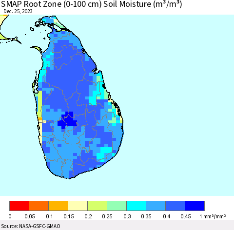 Sri Lanka SMAP Root Zone (0-100 cm) Soil Moisture (m³/m³) Thematic Map For 12/21/2023 - 12/25/2023