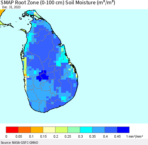 Sri Lanka SMAP Root Zone (0-100 cm) Soil Moisture (m³/m³) Thematic Map For 12/26/2023 - 12/31/2023