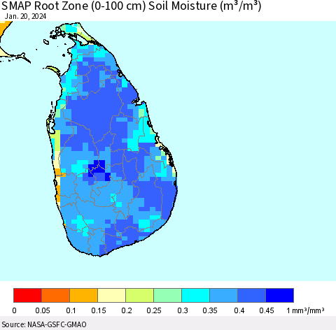 Sri Lanka SMAP Root Zone (0-100 cm) Soil Moisture (m³/m³) Thematic Map For 1/16/2024 - 1/20/2024