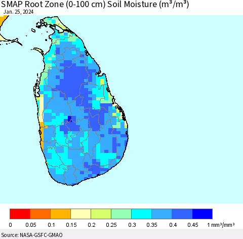 Sri Lanka SMAP Root Zone (0-100 cm) Soil Moisture (m³/m³) Thematic Map For 1/21/2024 - 1/25/2024