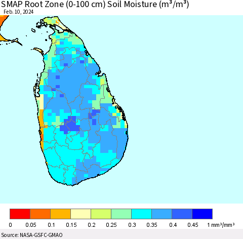 Sri Lanka SMAP Root Zone (0-100 cm) Soil Moisture (m³/m³) Thematic Map For 2/6/2024 - 2/10/2024
