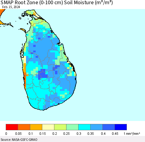 Sri Lanka SMAP Root Zone (0-100 cm) Soil Moisture (m³/m³) Thematic Map For 2/11/2024 - 2/15/2024