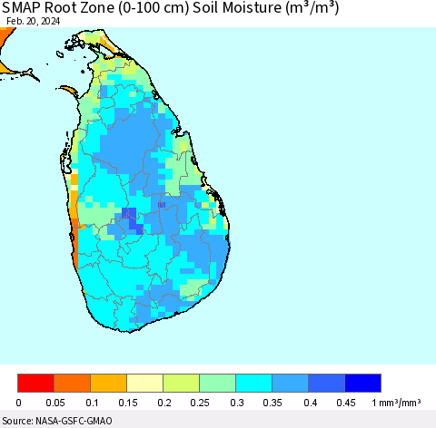 Sri Lanka SMAP Root Zone (0-100 cm) Soil Moisture (m³/m³) Thematic Map For 2/16/2024 - 2/20/2024