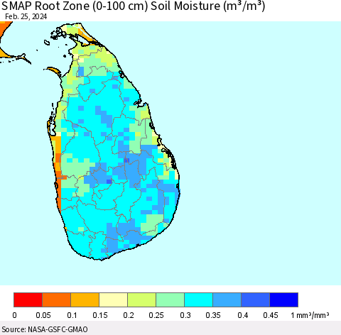 Sri Lanka SMAP Root Zone (0-100 cm) Soil Moisture (m³/m³) Thematic Map For 2/21/2024 - 2/25/2024