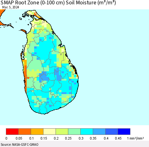 Sri Lanka SMAP Root Zone (0-100 cm) Soil Moisture (m³/m³) Thematic Map For 3/1/2024 - 3/5/2024