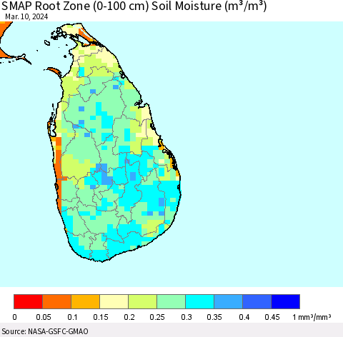 Sri Lanka SMAP Root Zone (0-100 cm) Soil Moisture (m³/m³) Thematic Map For 3/6/2024 - 3/10/2024