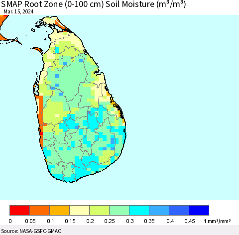 Sri Lanka SMAP Root Zone (0-100 cm) Soil Moisture (m³/m³) Thematic Map For 3/11/2024 - 3/15/2024