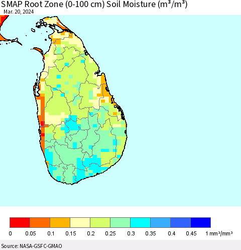 Sri Lanka SMAP Root Zone (0-100 cm) Soil Moisture (m³/m³) Thematic Map For 3/16/2024 - 3/20/2024