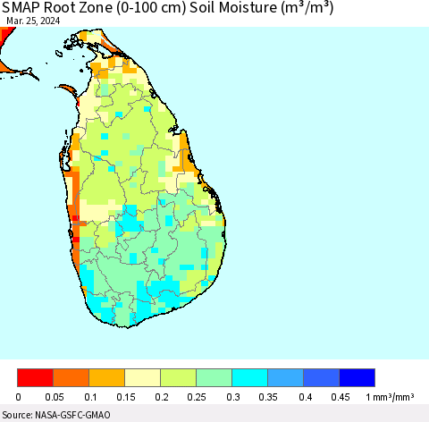 Sri Lanka SMAP Root Zone (0-100 cm) Soil Moisture (m³/m³) Thematic Map For 3/21/2024 - 3/25/2024