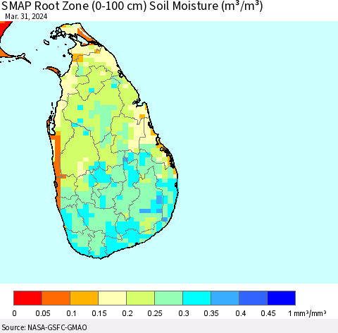 Sri Lanka SMAP Root Zone (0-100 cm) Soil Moisture (m³/m³) Thematic Map For 3/26/2024 - 3/31/2024