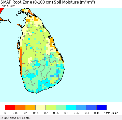 Sri Lanka SMAP Root Zone (0-100 cm) Soil Moisture (m³/m³) Thematic Map For 4/1/2024 - 4/5/2024